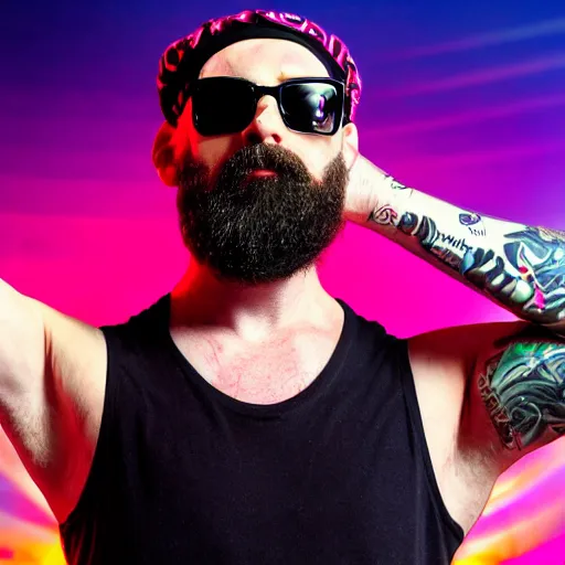 Prompt: 3 9 - year - old fit bearded yoga punk singer wearing wraparound sunglasses. he also works as a commercial model and actor. on a smoky stage in wheaton, illinois. vaporwave.