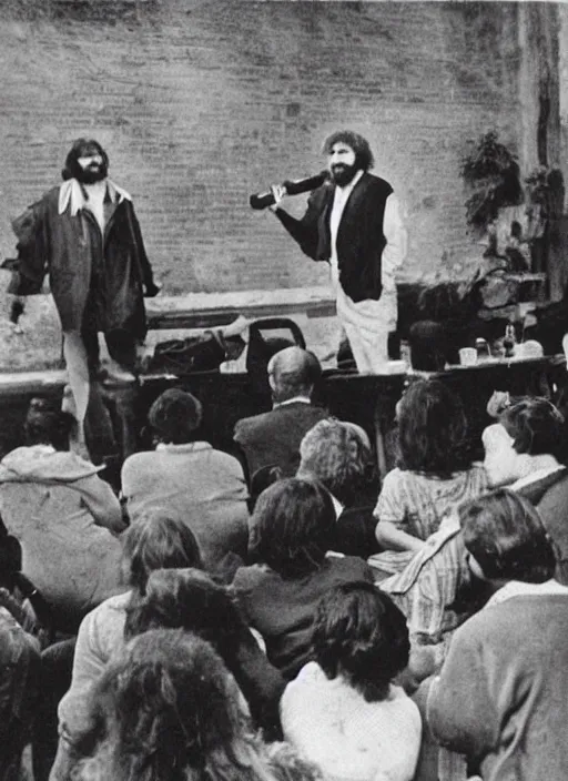 Prompt: old photo of a caveman giving a lecture to a group of harvard students