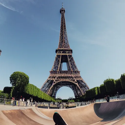 Prompt: skateboarding down the eiffel tower