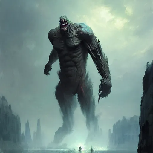 Image similar to giant humanoid monster, sharp focus, illustration, highly detailed, digital painting, concept art, matte, art by ruan jia and wlop and greg rutkowski, masterpiece