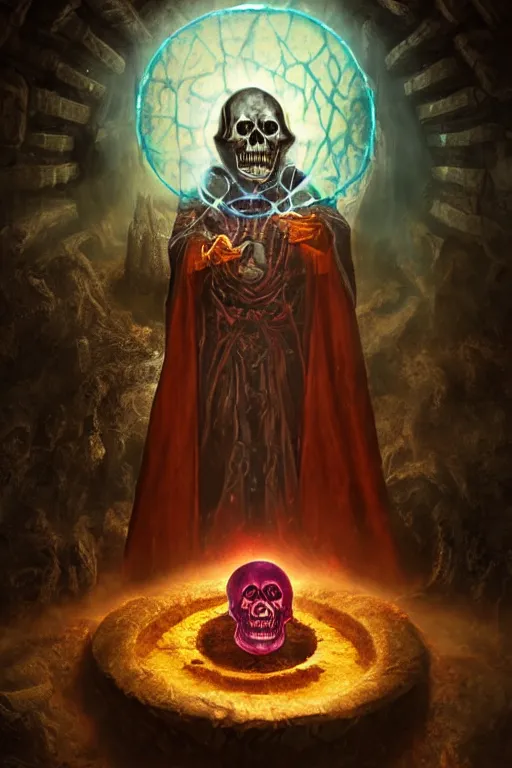 Image similar to a lich holding a magical orb, surrounded by an aura of darkness, human skull, in a medieval crypt, fantasy horror art, digital painting, HDR, 8k, cgsociety, octane engine, by Tim White and John Stephens