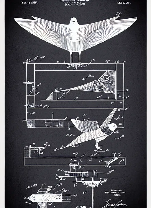 Image similar to a graphic design poster of the isometric detailed blueprint of the pigeon in space, patent illustration, no text 1 9 9 0, poster design, japan graphic comics manga art illustration, silkscreen risograph, greyscale monochrome