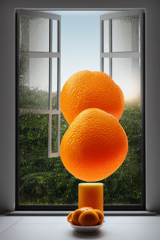 Image similar to a giant cubic orange and yellow crystal on a white table near a window at sunset, hyperrealistic, highly detailed, high qualit, 8K, godrays, warm lighting, path traced, high coherence, calm, macro photo, symmetrical, photorealistic, low contrast, serene landscape, beautiful, geometric, 3D render, octane render, unreal engine 5