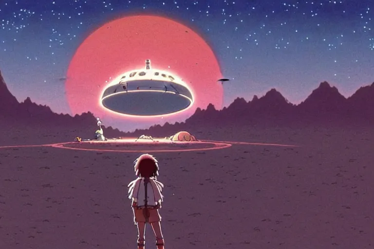 Prompt: a still from a studio ghibli film of a giant ufo from princess mononoke ( 2 0 0 4 ) at night on a desert road, full body, wide shot, very muted colors, post grunge, studio ghibli, laurie greasley, highly detailed, deviantart, art by artgem