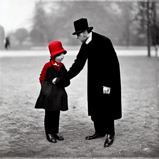 Image similar to a thin man in a black coat and bowler hat talks with small young girl who is dressed in a red coat and a red hat, park, autumn, 1923, wide angle, high detail, in style of Pierre-Auguste Renoir, 8k, width 768