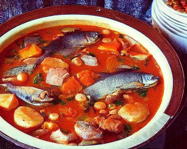 Prompt: rebecca's rank fish stew, 1 9 2 0 s photograph, colorized