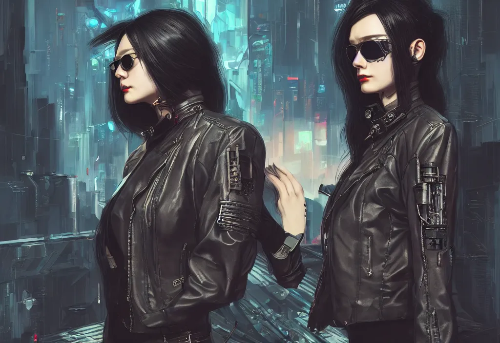 Prompt: portrait of a female cyberpunk assassin, leather jacket, aviators, at futuristic cyberpunk tokyo night, ssci - fi and fantasy, intricate and very very very beautiful, highly detailed, digital painting, artstation, concept art, smooth and sharp focus, illustration, art by tian zi and wlop and alphonse mucha