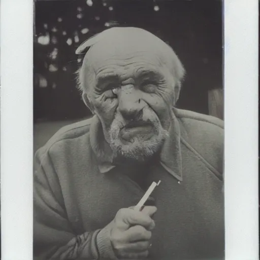 Prompt: polaroid of an old russian man holding a cigarette between 2 fingers, summer 1 9 9 6