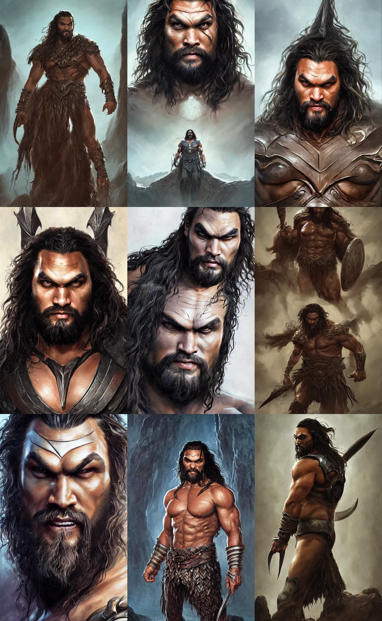 Prompt: jason momoa as conan, symmetrical front view, full shot, full body, digital painting, artstation, concept art, sharp focus, illustration, art by aleksi briclot and greg rutkowski and raphael lacoste