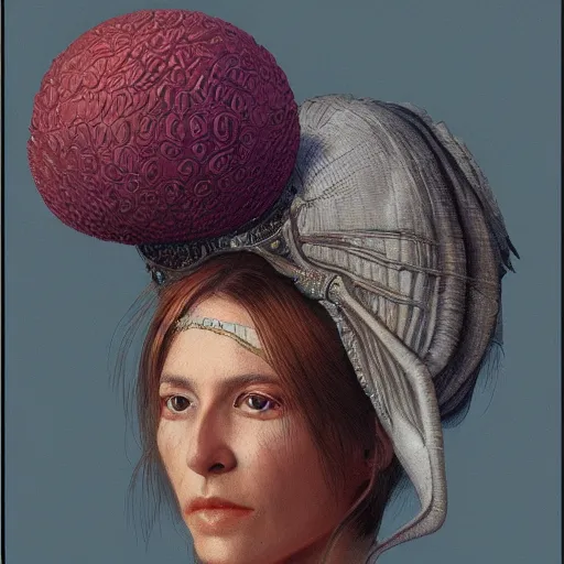 Image similar to portrait of woman with a ceremonial hat embedded into her skull, by wayne barlowe