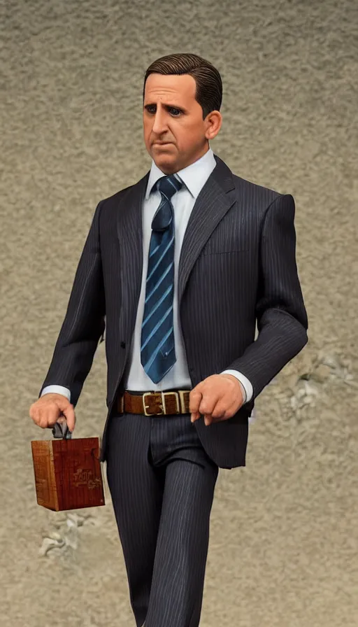 Prompt: hot toys figurine of michael scott, realistic, up close image, 1 / 1 6 th scale, unopened, listing image, hd