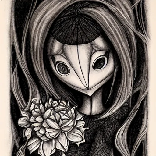 Image similar to macabre charcoal drawing of webs in a flower by jeremiah ketner | horror themed | creepy