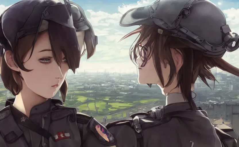 Image similar to panoramic view, girl, soldier clothing, battlefield in background, anime style, short hair, hair down, elegant face shape, symmetrical facial features, from arknights, hyper realistic, 4 k, extreme detail, detailed drawing, trending artstation, safebooru, realistic lighting, by alphonse mucha, greg rutkowski, anime eyes, sharp focus
