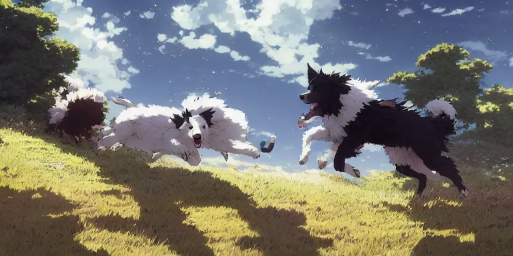 Image similar to border collie chasing sheep on feld nime key visual of luffy studio lit directed gaze, trending on pixiv fanbox, painted by greg rutkowski makoto shinkai takashi takeuchi studio ghibli