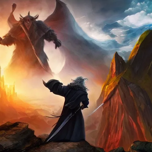 Image similar to Selfie taken by an overconfident Gandalf the Grey on the Bridge of Khazad Dum, a balrog looming in the background,