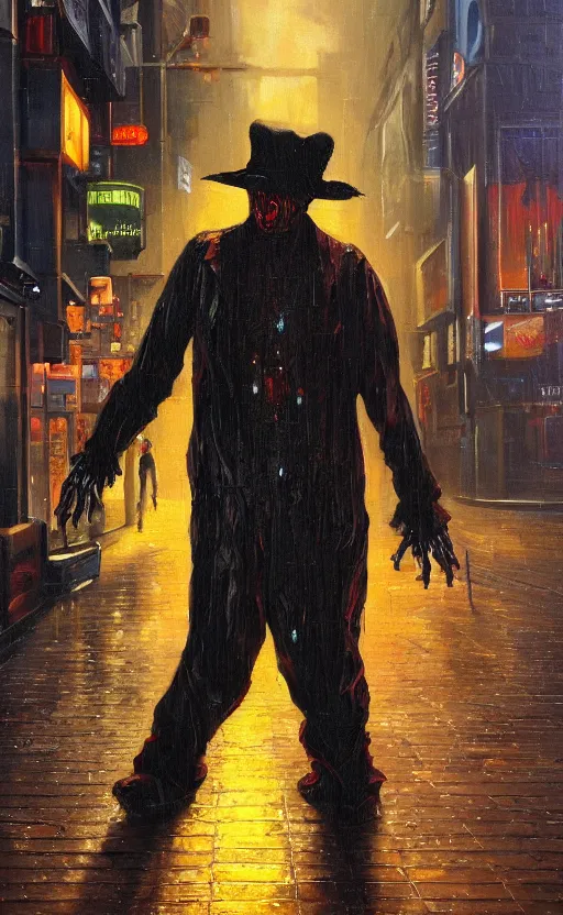 Prompt: a vigorous and limber oil painting of a simple, conversational, cyberpunk, deeply and exquisite freddy krueger in london, by tim white. tibetan paintings. photorealistic. trending on artstation.