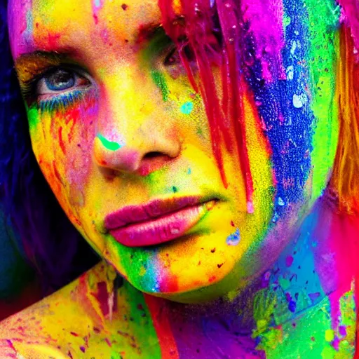 Prompt: woman crying rainbow paint, photography, ultra realistic, highly detailed, symmetrical, 8 k