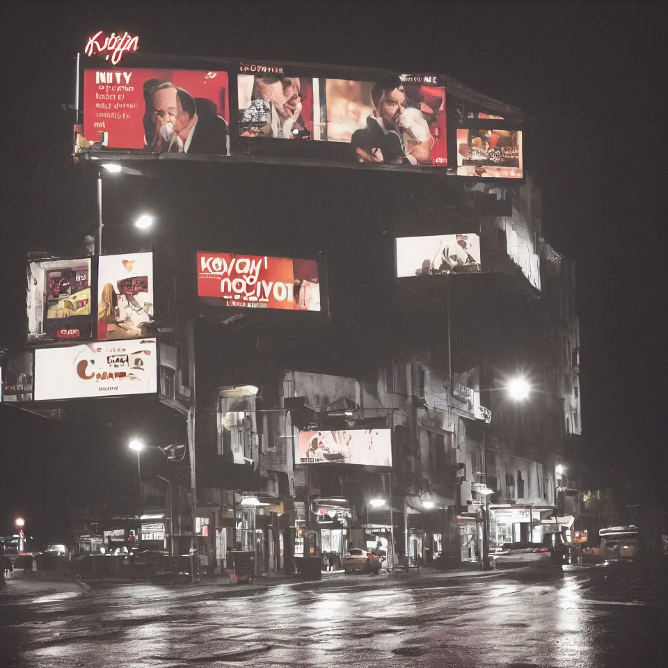 Prompt: rainy night on othe outskirts of italian city, citylights in background, illuminated billboard with kevin spacey advertising cat food, wide shot, kodak portra 400, 55 mm, 1.8