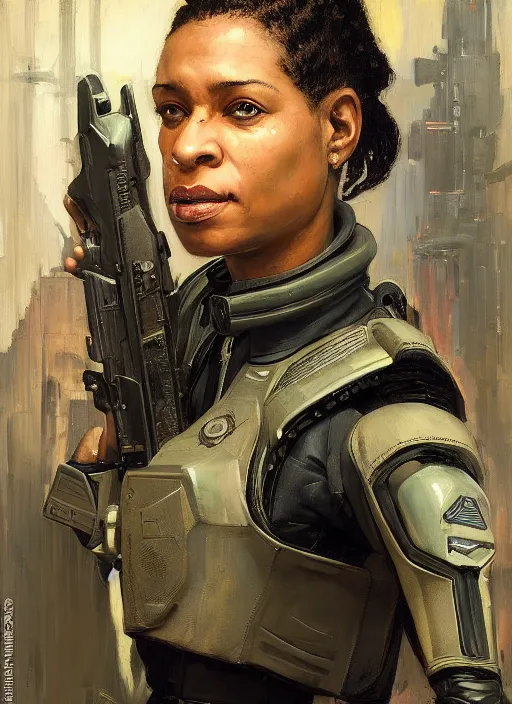 Image similar to Sgt. Sonya Igwe. Strong cyberpunk female USN marine wearing a military vest and military cyberpunk exo-suit (cyberpunk 2077, bladerunner 2049). gorgeous face. Iranian orientalist portrait by john william waterhouse and Edwin Longsden Long and Theodore Ralli and Nasreddine Dinet, oil on canvas. Cinematic, hyper realism, realistic proportions, dramatic lighting, high detail 4k