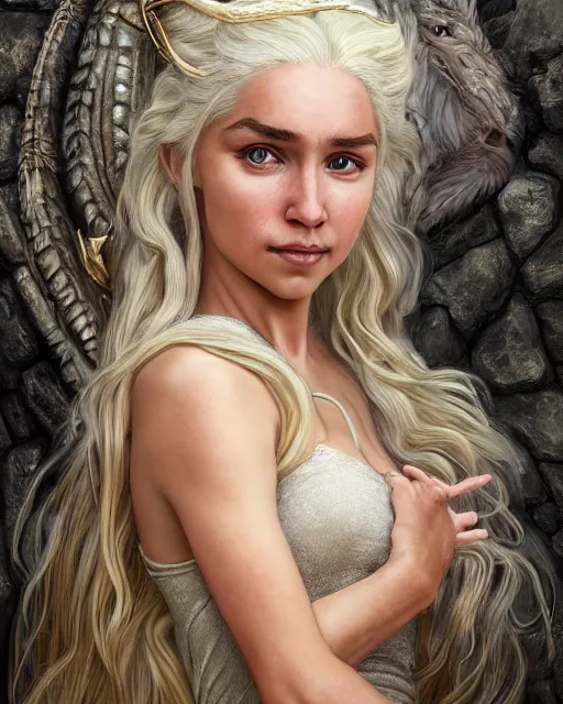 Image similar to closeup portrait of happy beautiful daenerys targaryen leaning against dragons, long blonde windblown hair and dragonskin armor, standing on a ledge of a mountain, glamour pose, detailed illustration, digital art, trending on artstation, soft ambient lighting, volumetric lighting, rim lighting, yoshitaka amano, daniel merriam, alphonse mucha, arney freytag