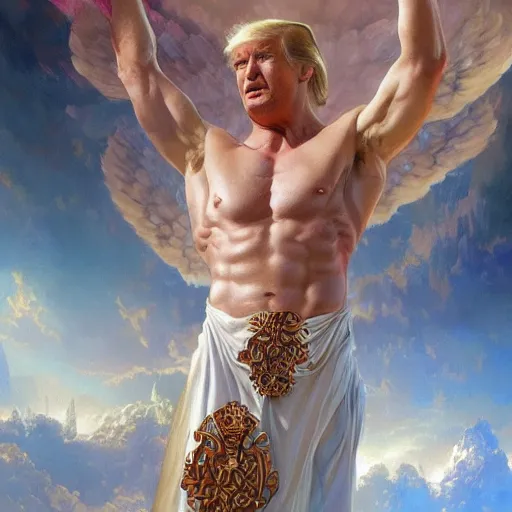 Prompt: donald trump as a heavenly god, upper body, muscular, fantasy, intricate, elegant, highly detailed, digital painting, artstation, concept art, smooth, sharp focus, illustration, art by artgerm and greg rutkowski and alphonse mucha