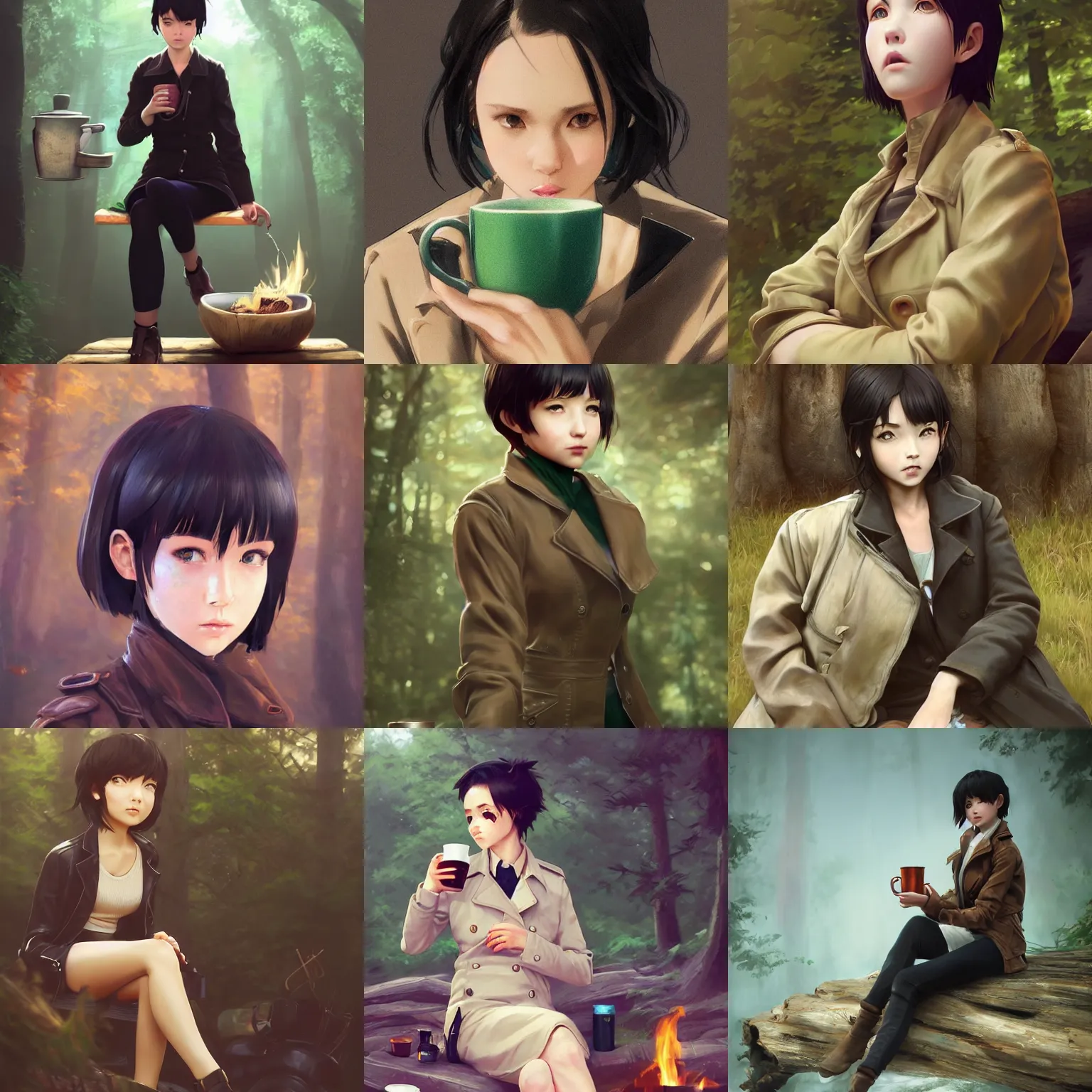 Prompt: realistic style at CGSociety by WLOP,ilya kuvshinov,krenz cushart,Greg Rutkowski,trending on artstation.Zbrush sculpt colored,Octane render in Maya,Houdini VFX.A girl with short black hair and green eyes in a tan trenchcoat sitting on a log and drinking tea by the campfire by her motorcycle at night under the stars,silky hair, deep eyes.Oil painting.Cinematic dramatic atmosphere,sharp focus,soft volumetric studio lighting.