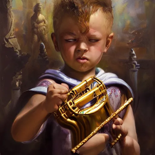Image similar to stunning portrait of 3yo greek argonaut Orpheus playing the golden lyre, painting by Raymond Swanland, cyberpunk, sci-fi cybernetic implants hq