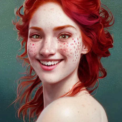 Image similar to close up portrait of a beautiful smiling girl with red hair and freckles, happy intricate, elegant. highly detailed, digital painting, artstation, concept art, smooth, sharp, focus, illustration. background is purple, art by artgerm and greg rutkowski and alphonse mucha,