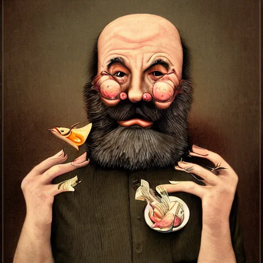 Image similar to old man with a beard full of fish, lowbrow surrealistic, in the style of mark ryden,