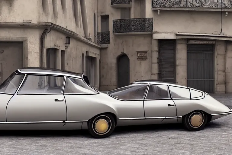 Image similar to a wholesome beautiful animation key shot of!! one!! focused!! 1 9 7 4 citroen ds!! in a paris street, medium wide shot, sharp, very detailed, high resolution, rendered in unreal engine 5, anime key art by greg rutkowski, bloom, dramatic lighting