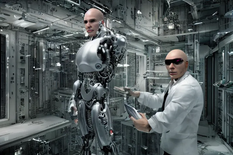 Image similar to cyborg - pitbull mr. worldwide in a marble server room, in 2 0 5 5, y 2 k cybercore, industrial low - light photography, still from a ridley scott movie