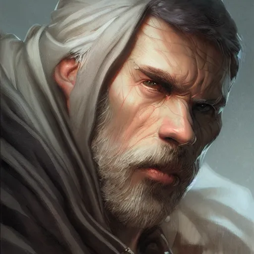 Image similar to rugged robed white male sorcerer, fantasy, D&D, portrait, piercing stare, highly detailed, digital painting, artstation, concept art, matte, sharp focus, illustration, art by artgerm and greg rutkowski and alphonse mucha