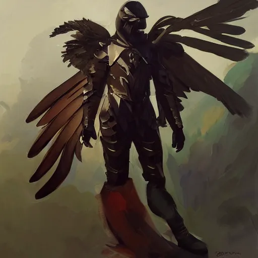 Image similar to greg manchess portrait painting of a crow inspired armor, open wings, medium shot, asymmetrical, profile picture, organic painting, sunny day, matte painting, bold shapes, hard edges, street art, trending on artstation, by huang guangjian and gil elvgren and sachin teng