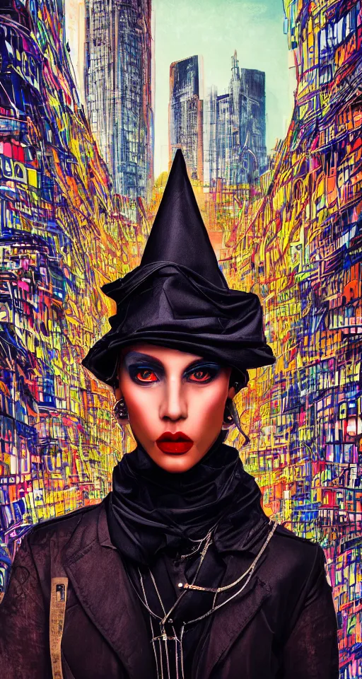 Image similar to cypherpunk high priestess fashion illustration, camera face, city street background with high tall buildings, kodachrome, abstract portrait highly detailed, finely detailed