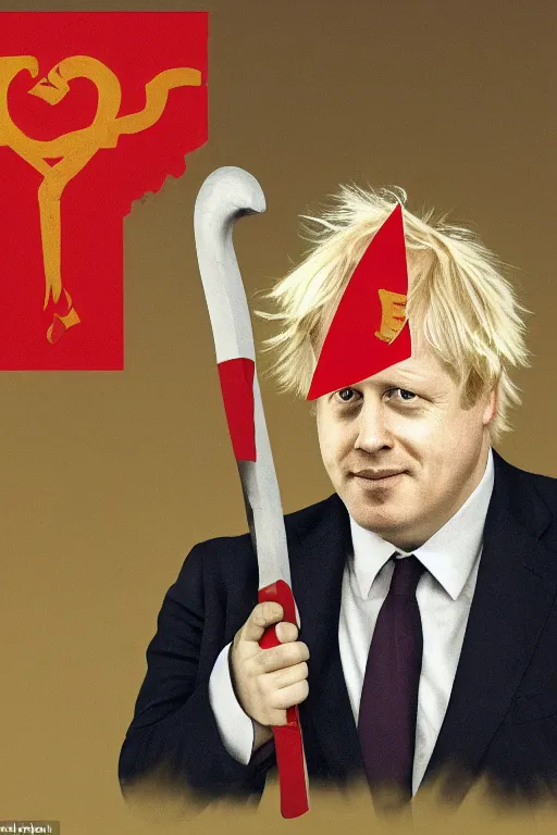 Prompt: a portrait of boris johnson holding a sickle, communist propaganda