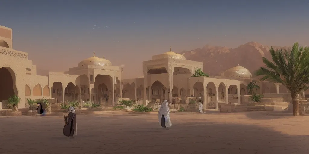 Image similar to an arabian palace in the desert by makoto shinkai