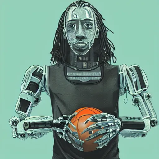 Image similar to a portrait of kawhi leonard as an android robot holding a basketball by conrad roset, hyperdetailed, cyberpunk, cool, cybernetically enhanced, trending on artstation