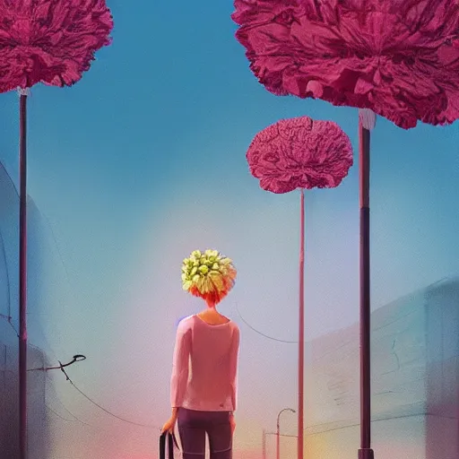 Image similar to giant carnation flower head, woman standing in metro station, surreal photography, dramatic light, impressionist painting, digital painting, artstation, simon stalenhag