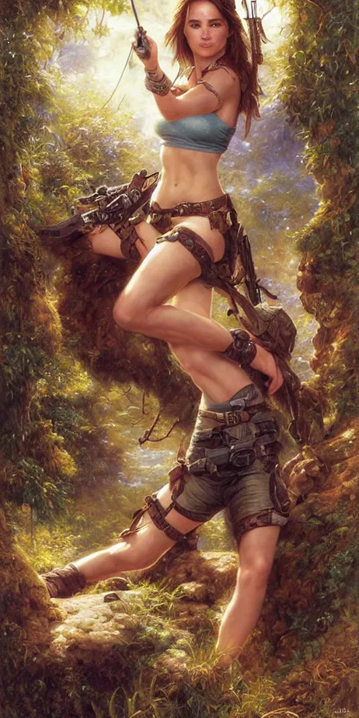 Image similar to Lara Croft relaxing, Lilia Alvarado, Sophie Anderson, Mark Arian, Bob Byerley, Charlie Bowater, Mark Brooks, Steve Henderson, Justin Gerard, Arthur Hughes, Edward Robert Hughes, Mark Keathley, Victor Nizovtsev, Carlos Shwabe, Ross Tran, WLOP