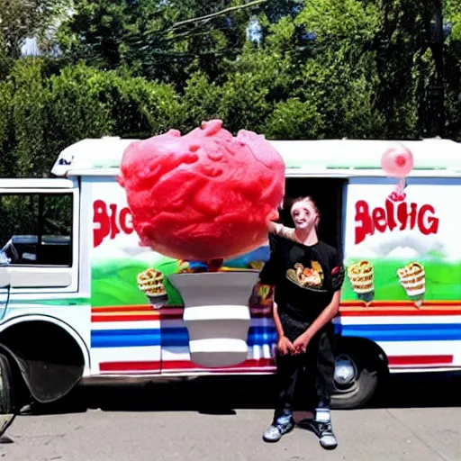 Prompt: Photo of Pennywise selling ice cream from a black Ice Cream truck