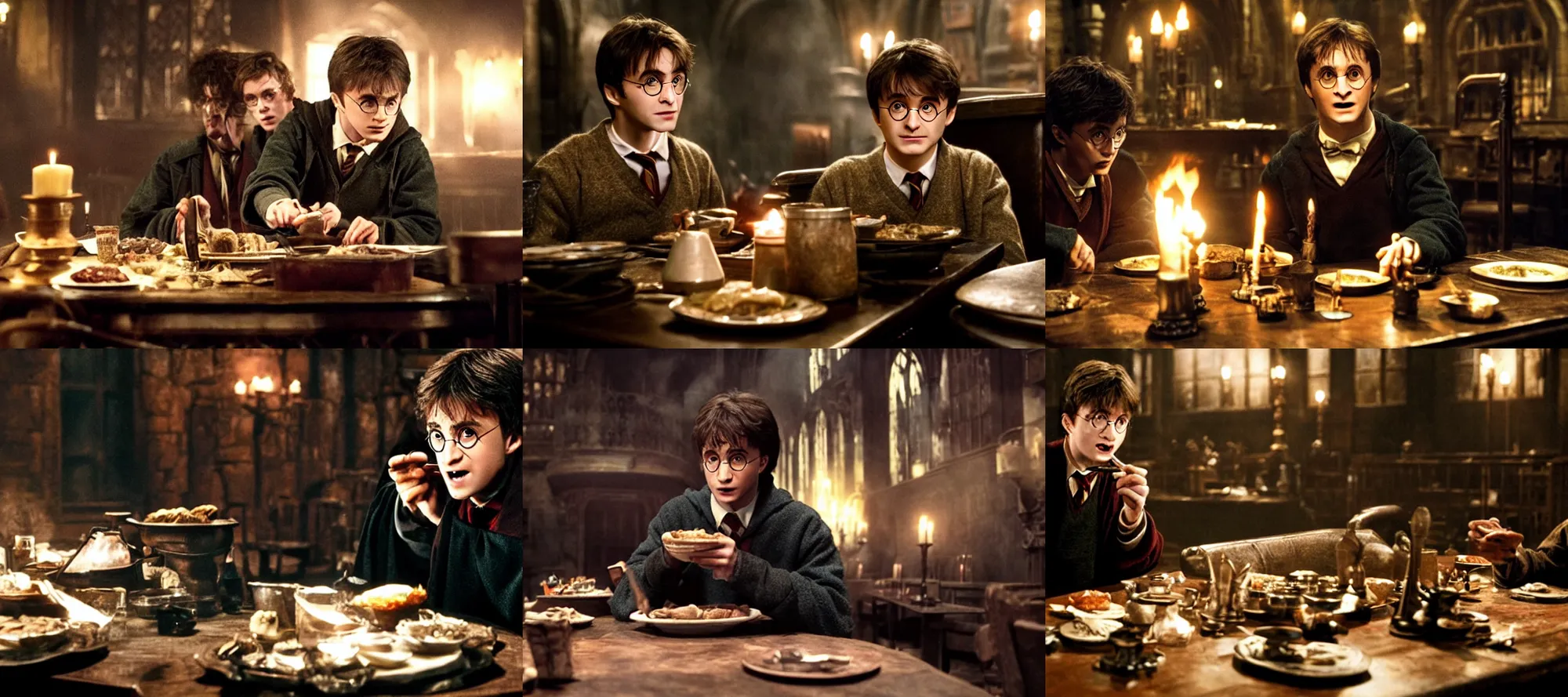 Prompt: Harry potter film, a scene where Harry is eating only alone in a dark diner, Dark cinematic color tones.