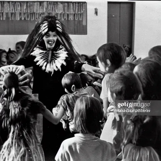 Image similar to an alien leads a round dance with children in a kindergarten of the soviet union, top secret style, old photo, 7 0 s