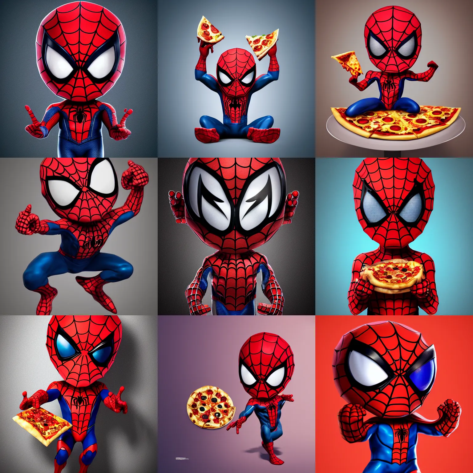 Prompt: A ultra detailed render of a chibi style Spiderman with his mask up biting and eating pizza,adorable, cute, Portrait Lighting, trending on ArtStation, octane render, cinema4d, Zbrush