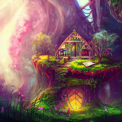 Prompt: a plant house in a fantasy landscape, artstation trend, hdr, fantasy art, vivid colors, alice in wonderland style