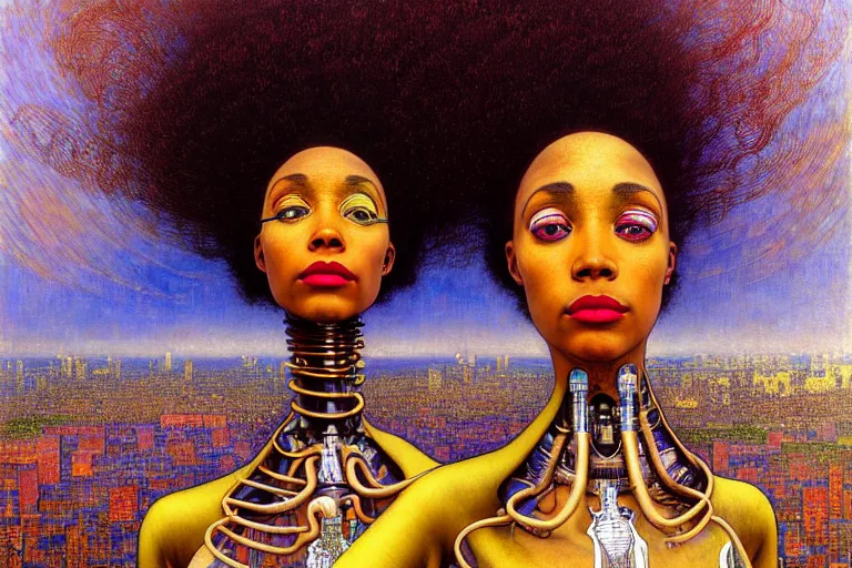 Image similar to realistic extremely detailed closeup portrait painting of a beautiful black woman in a dress with a robot, city street on background by Jean Delville, Amano, Yves Tanguy, Ilya Repin, Alphonse Mucha, William Holman Hunt, Ernst Haeckel, Edward Robert Hughes, Roger Dean, rich moody colours