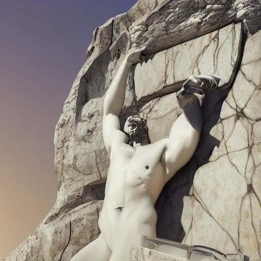 Prompt: shiny marble sculpture of moloch wearing round sunglasses, digital art, classical art, sharp focus, clear sky, muscular bull headed man, sunset