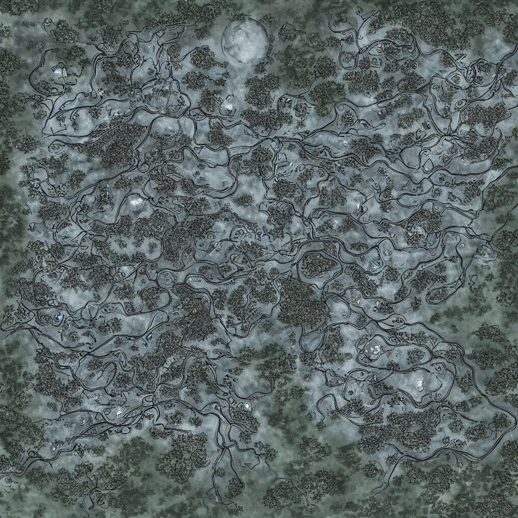 Image similar to a ttrpg map of a moonlit clearing in the woods, gridless, beautiful, 8 k, high quality digital art