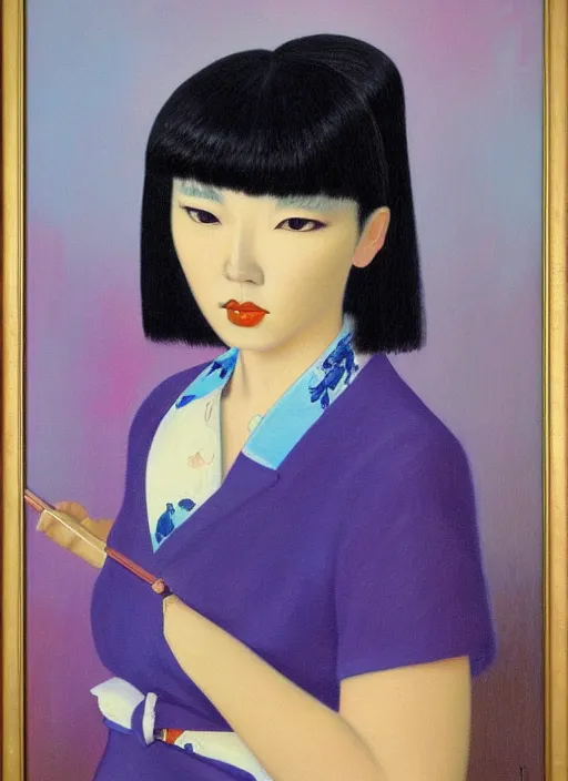 Image similar to painting of a japanese woman with bangs, kitsch, by vladimir tretchikoff