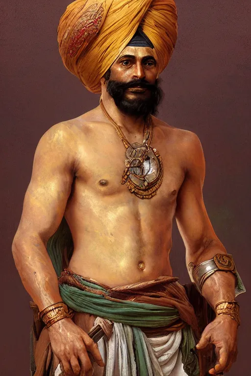 Prompt: painted portrait of rugged banda singh bahadur by greg rutkowski craig mullins art germ alphonse mucha, messy gold body paint over back and his arms, black hair handsome muscular upper body mature warm tone bulging bubble flowing robe [ ancient norse motifs ] background fantasy intricate elegant detailed digital painting concept art artstation sharp focus illustration