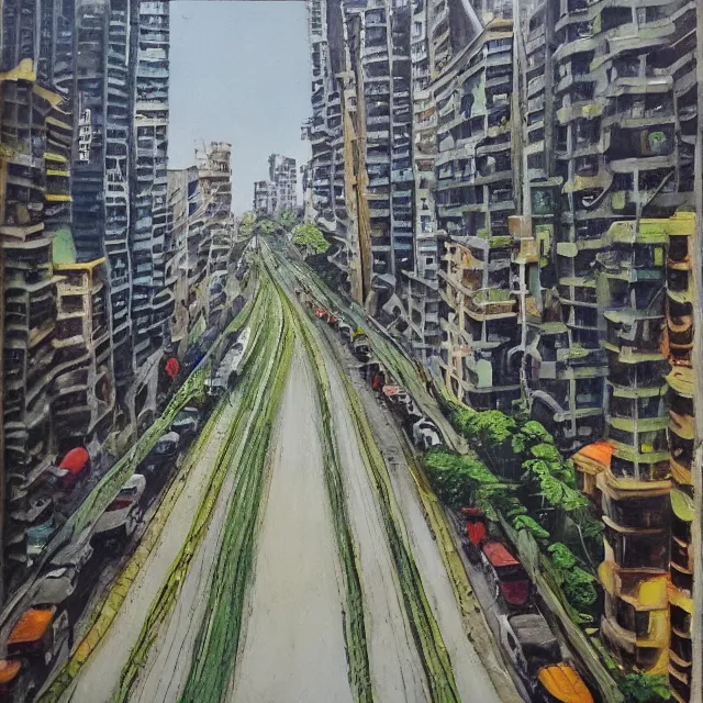 Image similar to streets of mumbai, future, mossy buildings, high fidelity, uncompressed, photorealistic oil painting, straight lines